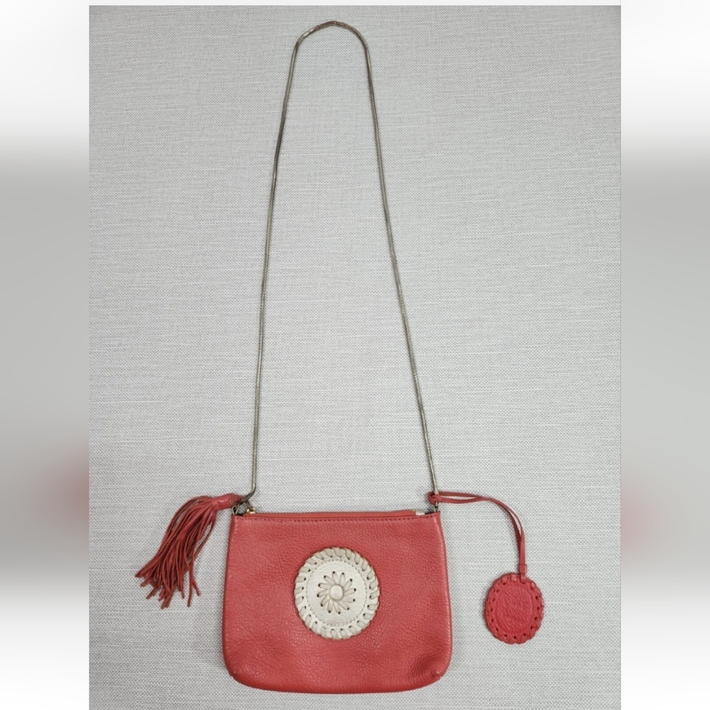 Jack Rogers Leather Small Crossbody Bag Tassel Metal Strap Deep Salmon Color
